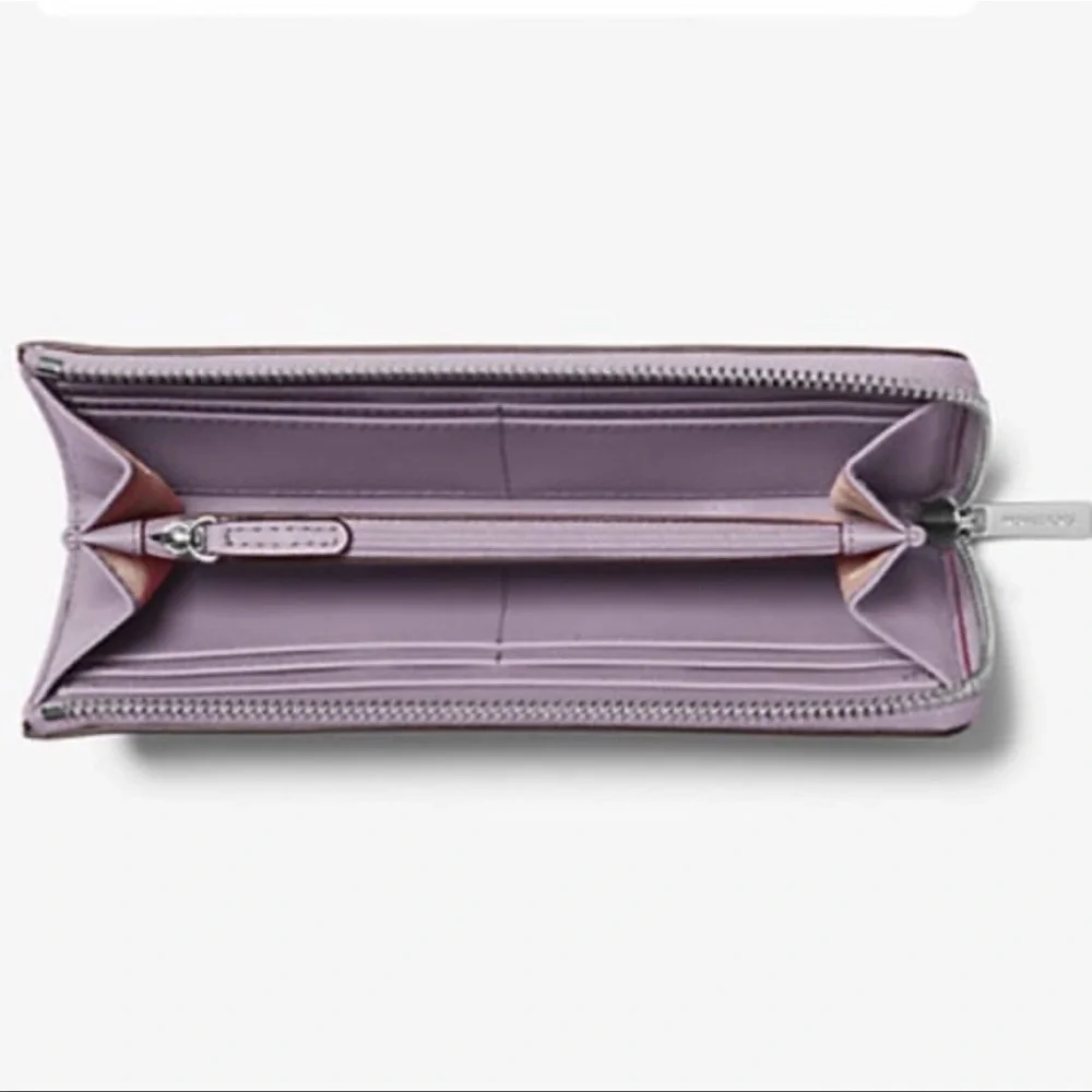 MICHAEL KORS Jet Set Travel Lg Saffiano Leather Quarter-Zip Wallet Lt Quartz NWT
